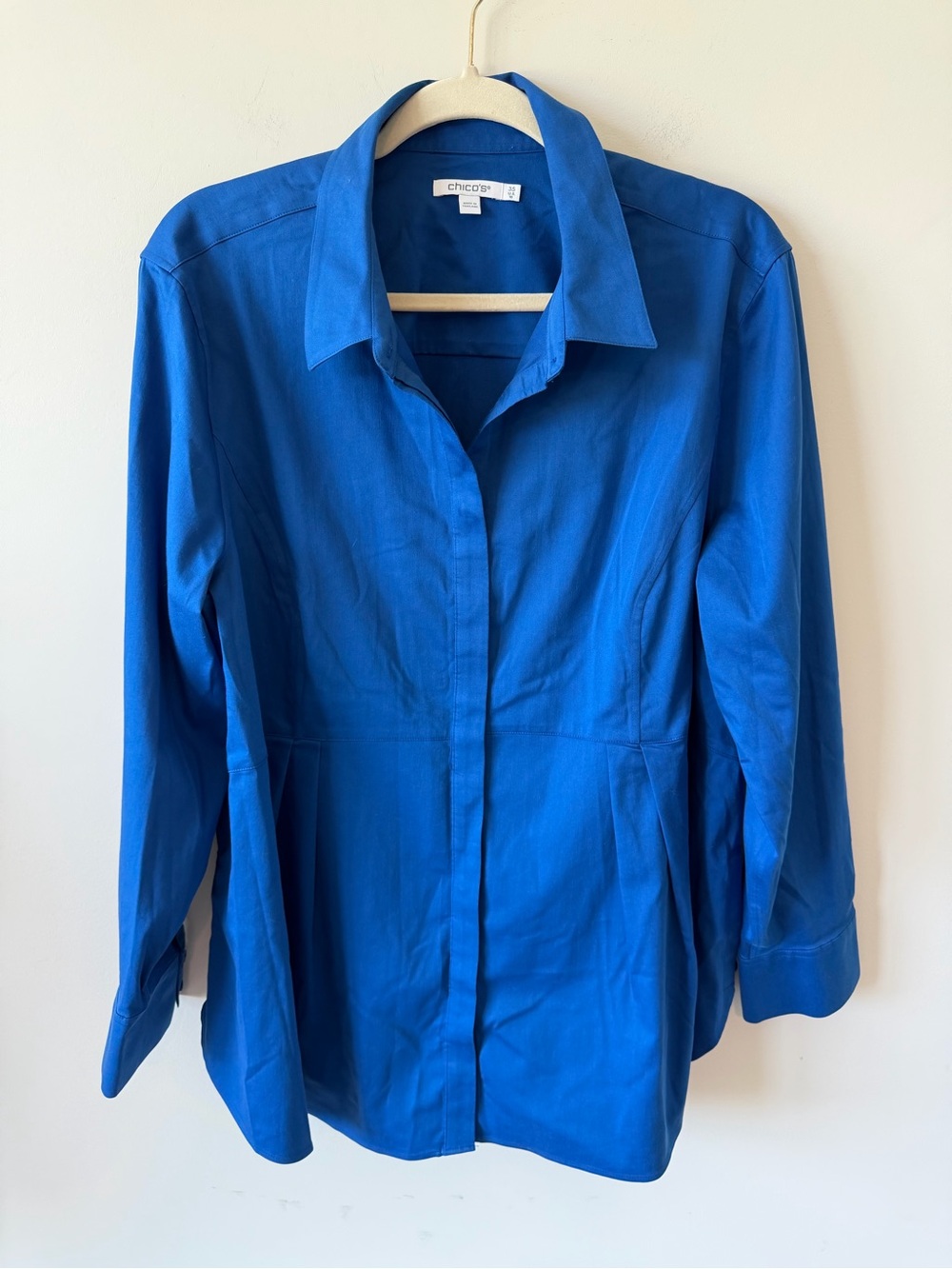 Chico's Women’s Button-Front Shirt in Bright Blue with Front Pleating